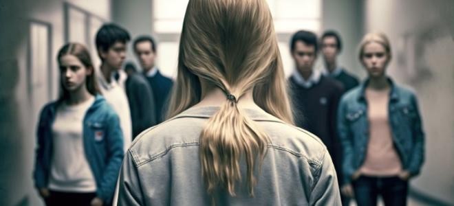 Jugendliche steht allein gegenüber einer Gruppe von Jugendlichen